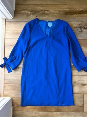 CeCe Bright Blue V-Neck Shift Dress with Tie Sleeves